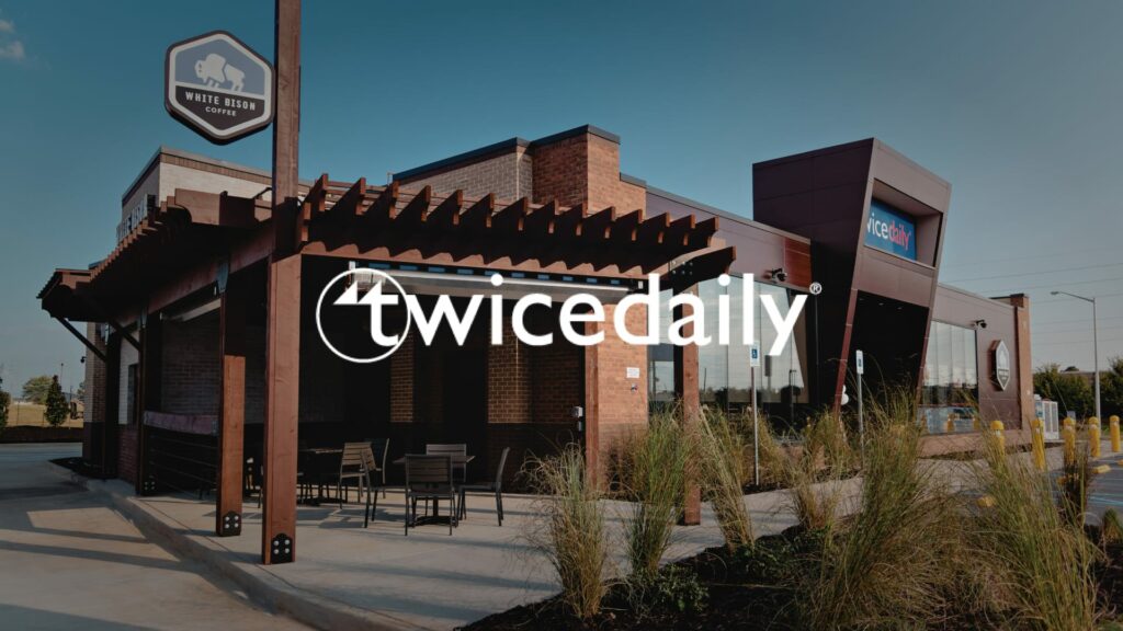 Twice Daily logo overlaid on image of Twice Daily convenient store