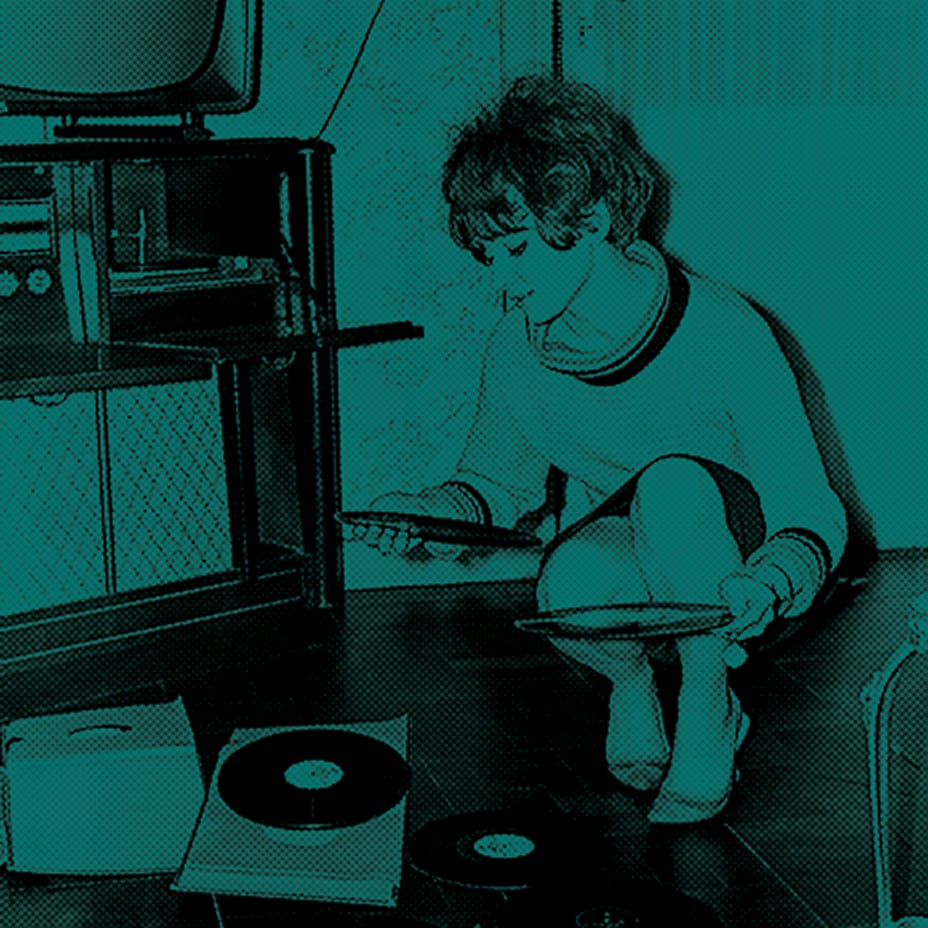 Vintage halftone image of woman choosing music to listen to