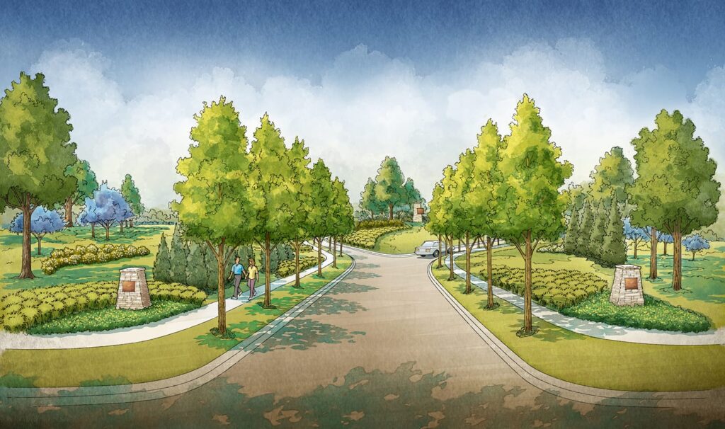 watercolor of Durham Farms entrance