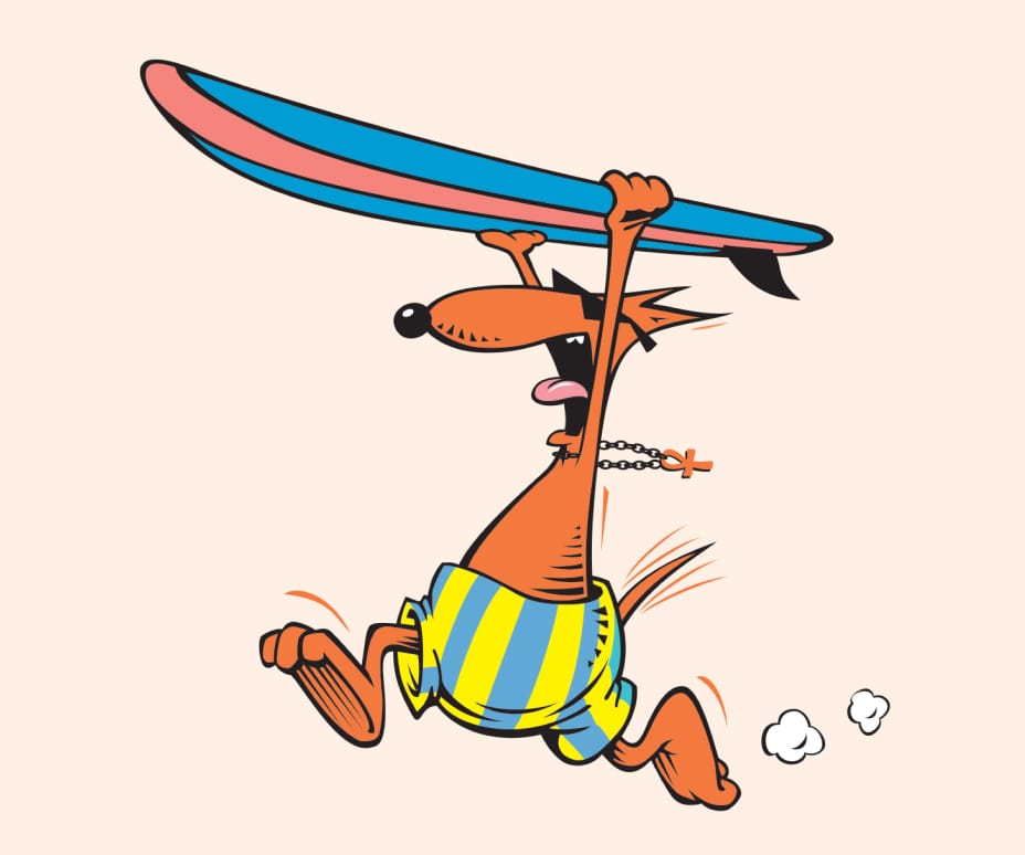 cartoon dog running with surfboard