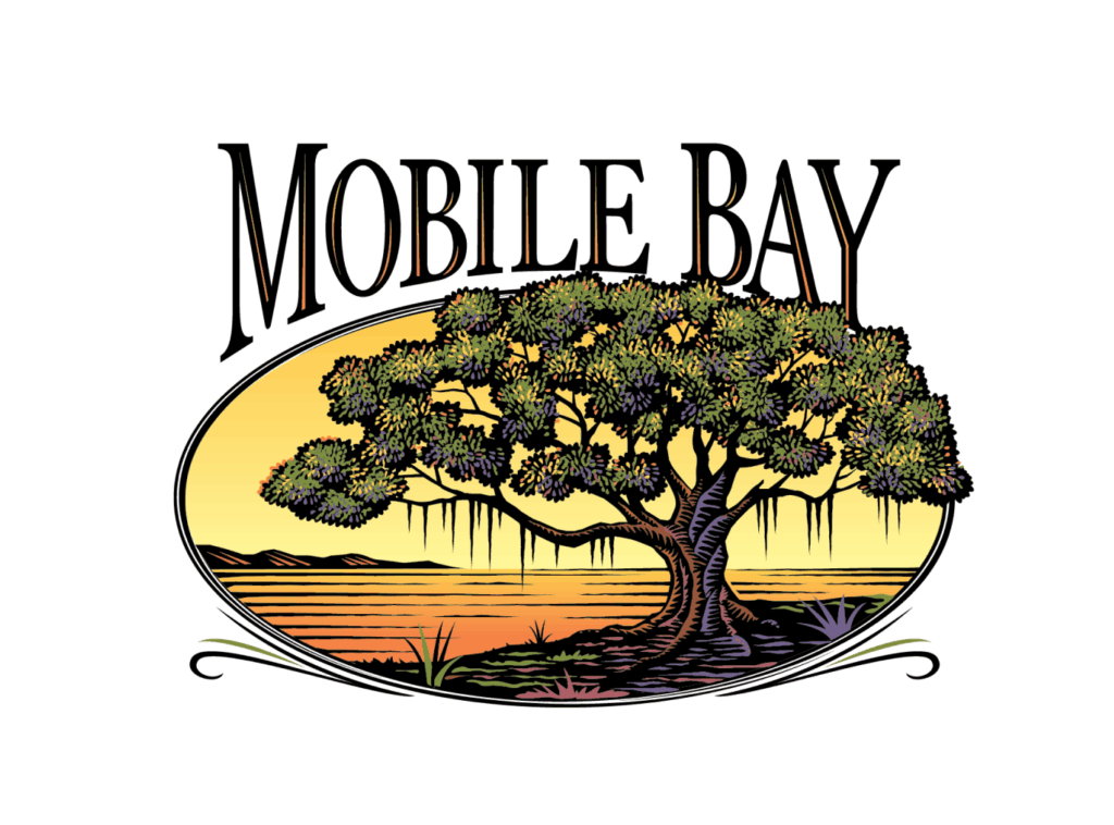 Mobile Bay logo showing woodcut style illustration of tree overlooking the bay