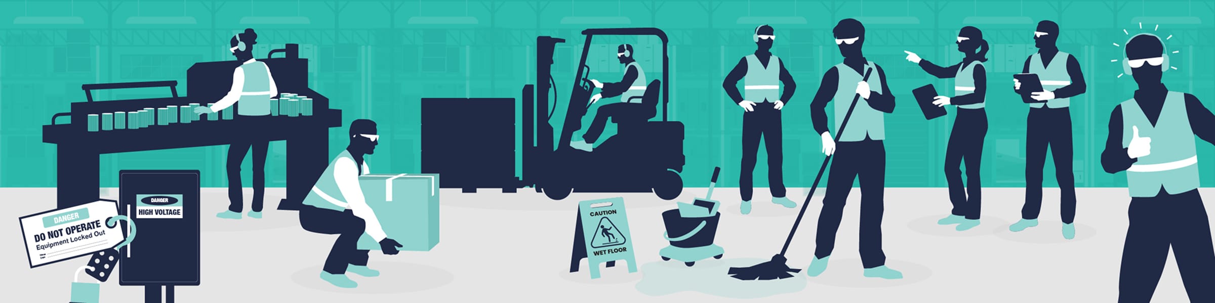 mural showing various safety best practices in a warehouse setting