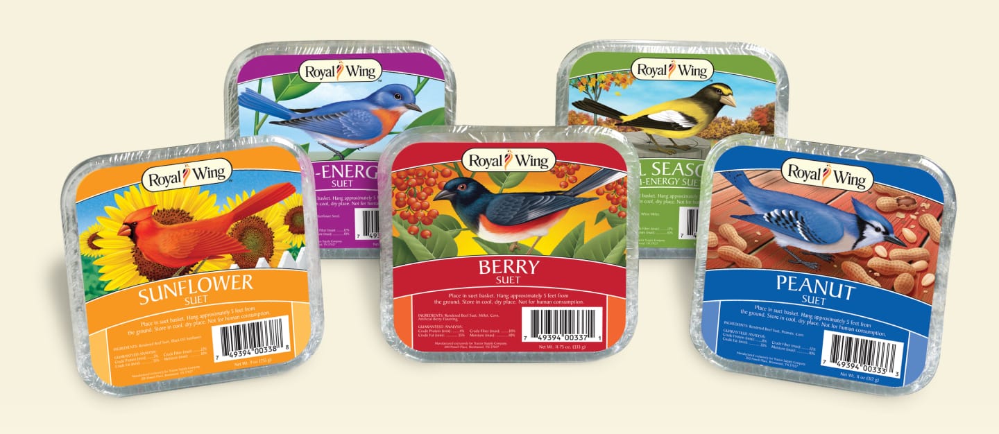 Royal Wing suet packaging with bird illustrations