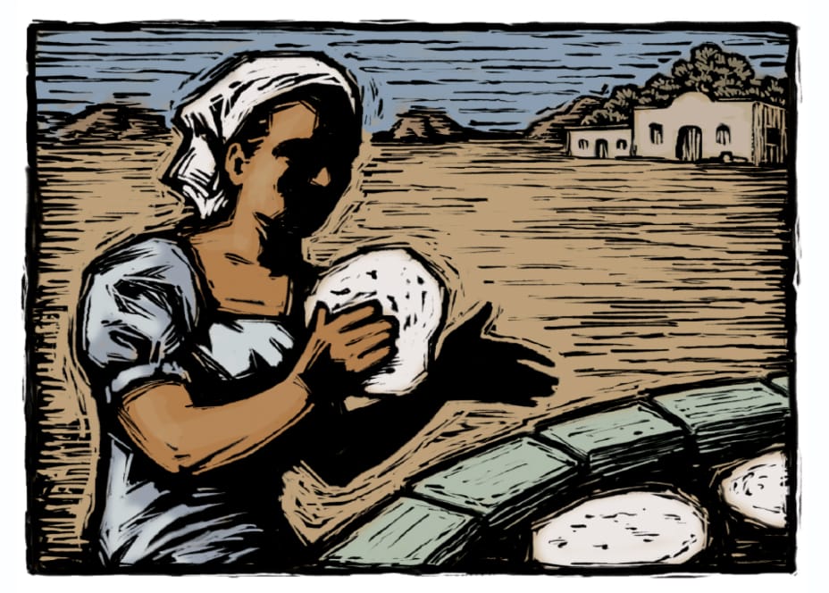 woodcut illustration of woman in Mexico